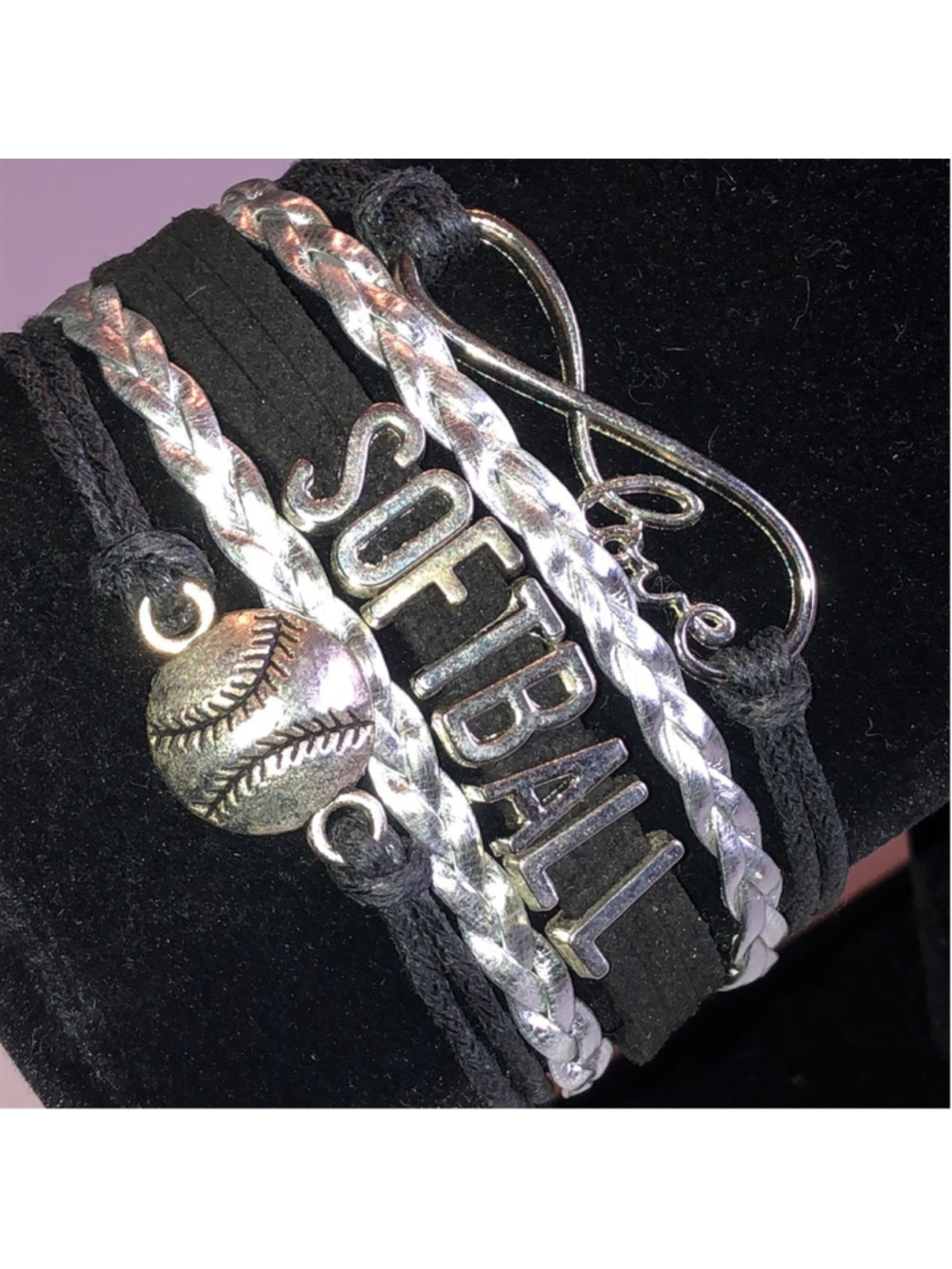 Silver Tone and Black Softball Love Boho Bracelet